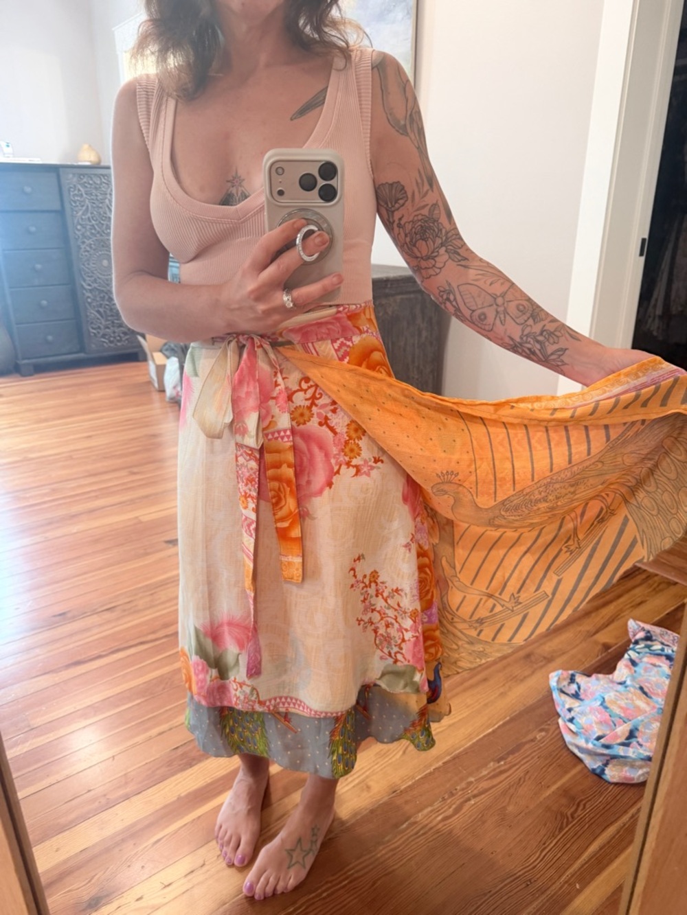 Earthbound One of a Kind ReversibleBoho Floral Wrap Midi Skirt in Peach & Orange